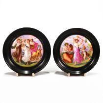 A pair of circular Victorian hand painted porcelain plaques, one depicting the Three Graces, the ...