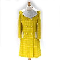 1960s yellow dress and suit jacket with white collar and trim. Labelled Miss Feraud Paris by Pete...