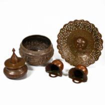 A pair of copper Arts & Crafts wall pockets, chased Middle Eastern copper pot with conical lid, c...