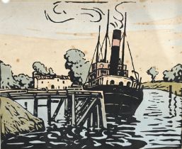 Charles Herbert Eastlake (active 1889-1927) - 'Tramp Steamer'. Woodcut printed in colours, on wov...