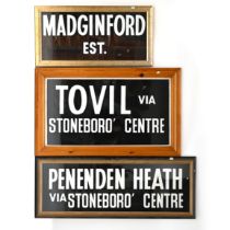 Group (3) framed mid century bus route printed cloth roll fragments- Tovil, Penendan Heath & Madi...