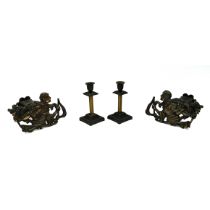 A pair of French 19th Century  (c1870s) firedogs with iron supports and cast bronze fronts with i...