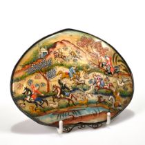 Persian School, 19th Century - Deer Hunt. Mother of Pearl Shell, with appliqué relief work in a m...