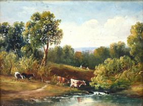 English School, early 20th Century - Cattle by a River, with Cottages and a wooded Landscape Beyo...