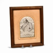 Small framed woven silk jacquard picture (c1850s) depicting a head and shoulders portrait of JM J...