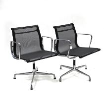 Pair (2) of Vitra Eames Aluminium Group EA108 chairs c2008. Dark grey net weave seat and back ove...