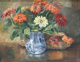 British 20th Century School: M.P. Lewis - Vase of Flowers on a Table. Oil on canvas, signed and i...