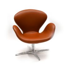 Fritz Hansen Swan Chair in Tan Leather with polished aluminium swivel base. This example manufact...