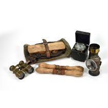 A mixed lot comprising a boxed Elliott Speed Indicator, early 20th Century brass binoculars, a Pr...