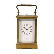 A late 19th Century brass cased repeater carriage clock, striking on coiled gong, with white enam...