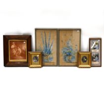 Group of framed Antique Prints (3), WW1 Postcards (2) and watercolours (2). Largest: H 49cm (7).