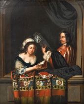 After Caspar Netscher (1639-1684) - A Gentleman playing a lute to a lady holding a book at a Case...