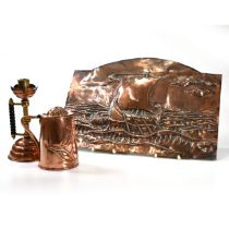 Arts and Crafts copper to include: a brass and copper candlestick in the manner of Christopher Dr...