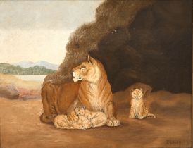 Robert Dexter (19th to 20th century) - Lioness with cubs in a Landscape, oil on canvas, signed ‘R...