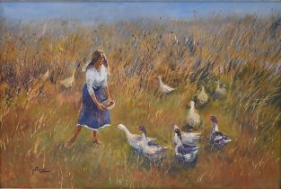 Matt Bruce (1915-2000) - Young Woman feeding Geese in a Meadow, oil on canvas board, signed ‘Matt...