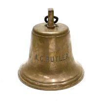 A 10 inch diameter antique cast brass ship's bell. Marked A.C. Butler. Dimensions: 25.5cm diamete...