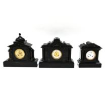 Three 19th Century slate mantle clocks comprising: 1) A two-train French 8 day movement striking ...