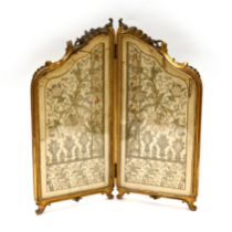 Nineteenth Century carved and gilt wood frame table screen with inset silk and brocade floral des...