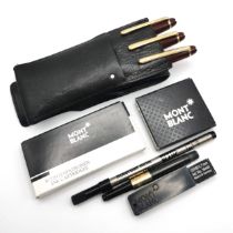 A Montblanc pen collection in a leather Montblanc case to include: a Meisterstuck 144 R fountain ...