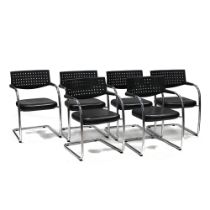 Set of six (6) vintage Visavis meeting armchairs by Vitra. Chrome frame with black leather seat a...