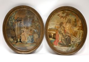 A pair of Georgian silk Pictures: The Finding of Moses; and A Farmer with his Family at Harvest T...