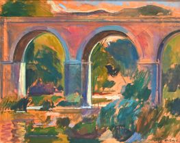 Niel Bally (born 1951). "Viaduct over the River Metauro, Italy, No1", oil on canvas, 1985, signed...