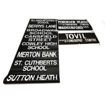 Group of three (3) vintage bus route rolls. one larger on printed plastic, two singles printed on...