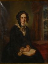 British School, circa 1870: Portrait of a Woman dressed in a black dress and lace collar and slee...