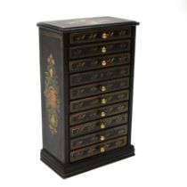 Small Indian painted 10 drawer cabinet with brass pulls. W 26cm, D 14cm H 42cm.