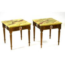 A pair of French revival style Mid Century faux Marble topped side tables (2). Giltwood legs with...