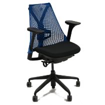 Herman Miller Sayl Swivel office desk chair. Blue plastic back with black cloth seat. Fully adjus...