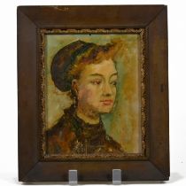 20th Century Continental School – Portrait of a Young Woman in a Hat, oil on board, 18.5 x 14.5cm...