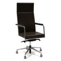 Hands of Wycombe Donati high back executive office swivel chair. Chrome frame with brown leather....