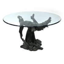 A decorative vintage 'Arte Romera of Spain', glass top Centre table c1995. The bronze effect base...