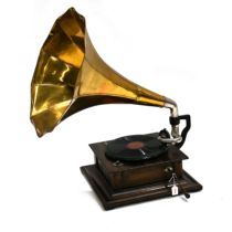 Horned Gramophone marked 'Apollo' to case. Brass morning glory horn and swan neck arm. Working. W...