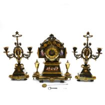 A French Empire Clock and Garniture in bronze and ormolu with Sevres polychrome overglaze painted...