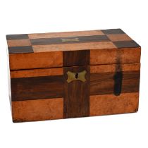 A small two compartment late Victorian tea caddy of burr walnut and cross and rosewood veneer in ...