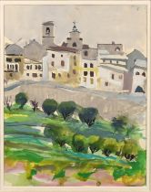 Anne Redpath (Scottish, 1895-1965) - "Spanish Town". Gouache and watercolour, 1950, mount opening...