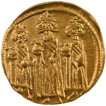 639-641 AD Byzantine Empire Heraclius, Heraclius Constantine and Heraclonas gold Solidus. Obverse...