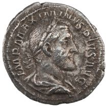 235-236 AD Roman Empire silver Denarius of Maximinus Thrax, Rome mint. Obverse: laureate head of ...