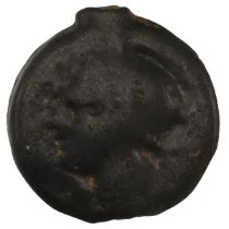 c120-100 BC Celtic cast Thurrock type Potin (S 62). Obverse: helmet type. Reverse: bull butting. ...