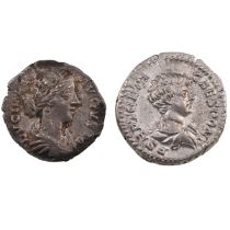 Group of two (2) late 2nd century, early 3rd century Roman Empire silver Denarii. Includes (1) 19...