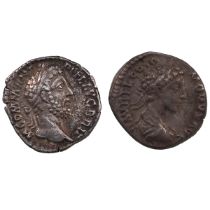Group of two (2) 177-192 AD Roman Empire, silver Denarii of Commodus. Obverses: laureate portrait...