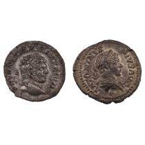 Group of two (2) 211-217 AD Roman Empire silver Denarii of Caracalla. Weights: 2.66g/1.82g. Diame...