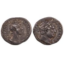 Group of two (2) 117-138 AD Roman Empire, Hadrian silver Denarii. Obverses: laureate busts of the...