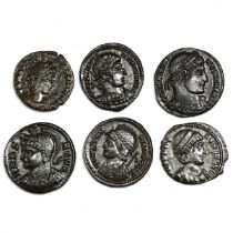 Group of six (6) c350 AD Constantinian bronzes, all AE3, from the Nether Compton Hoard. Includes ...