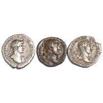 Group of three (3) 117-138 AD Roman Empire Hadrian silver Denarii. Includes (1) Hadrian 'FIDES PV...