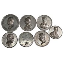 Group of seven (7) early 19th century British white metal political and royal medals. Includes (1...