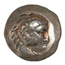 250 BC - 350 BC Celtic imitation of an Alexander III Tetradrachm, struck by Danubian Tribes. Obve...