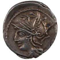 104 BC Roman Republic silver Denarius of Lucius Appuleius Saturninus, Rome Mint. Obverse: helmete...